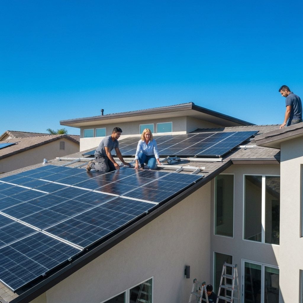 Solar panels installation on roof background